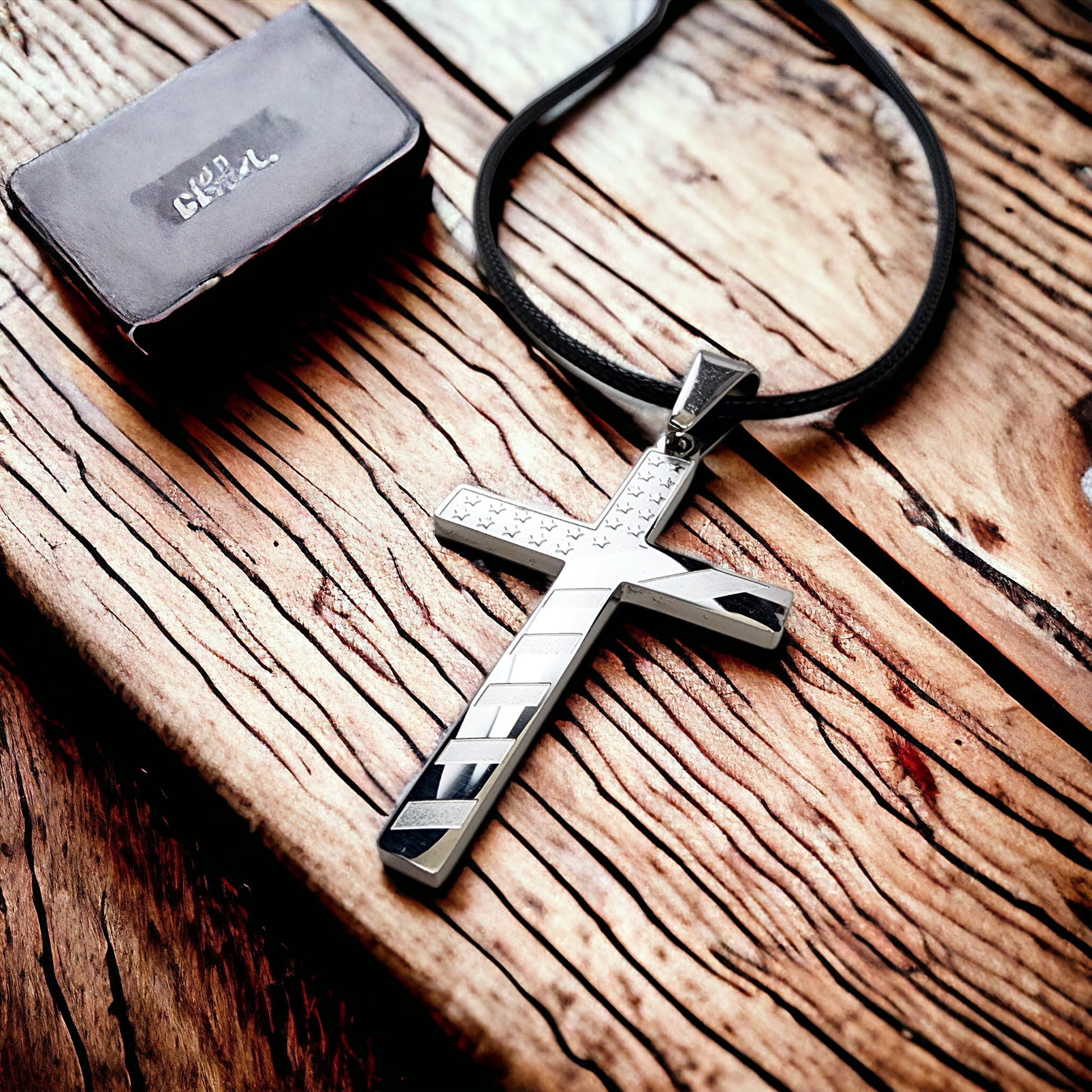USA Flag Cross Stainless Steel Black Cord Necklace