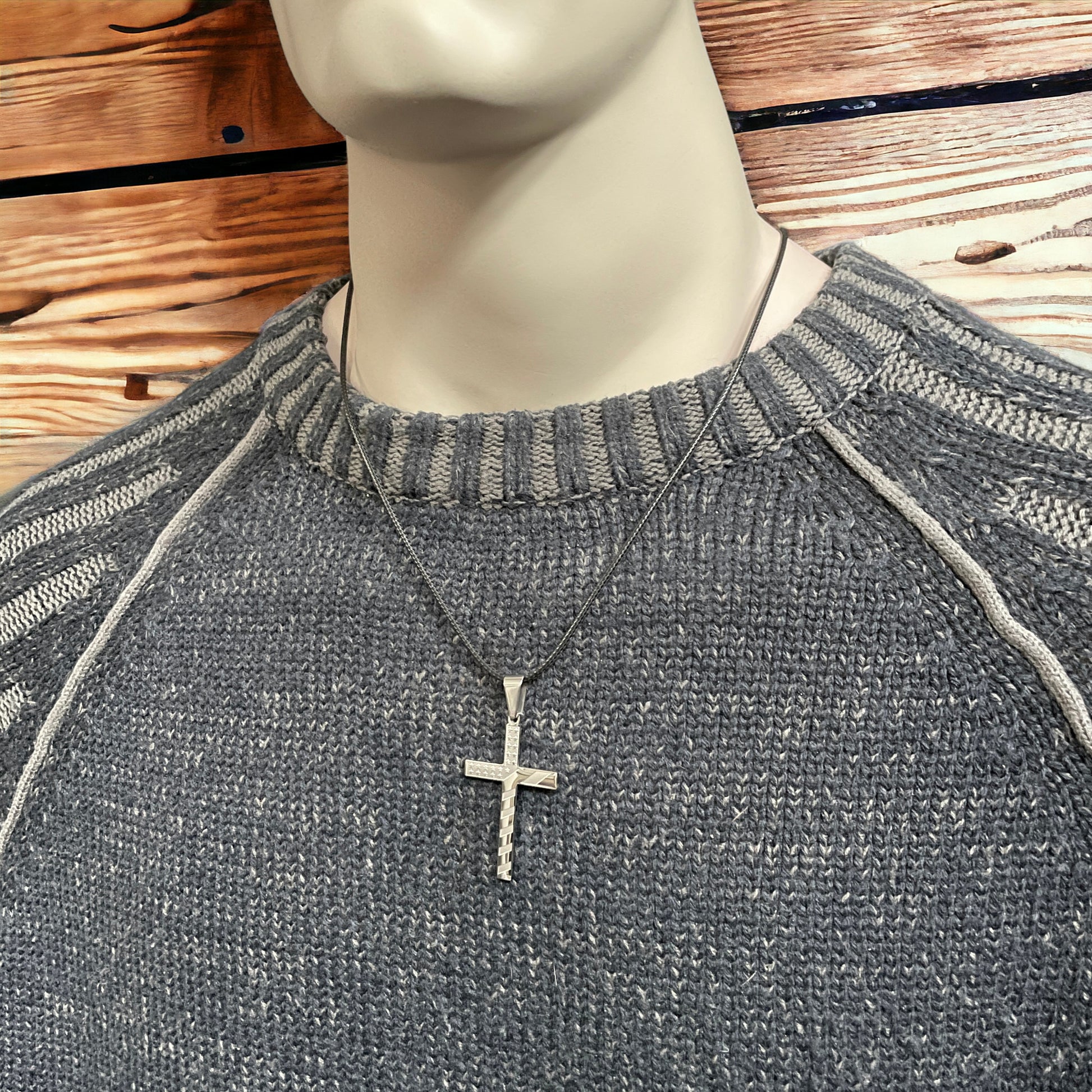 USA Flag Cross Stainless Steel Black Cord Necklace