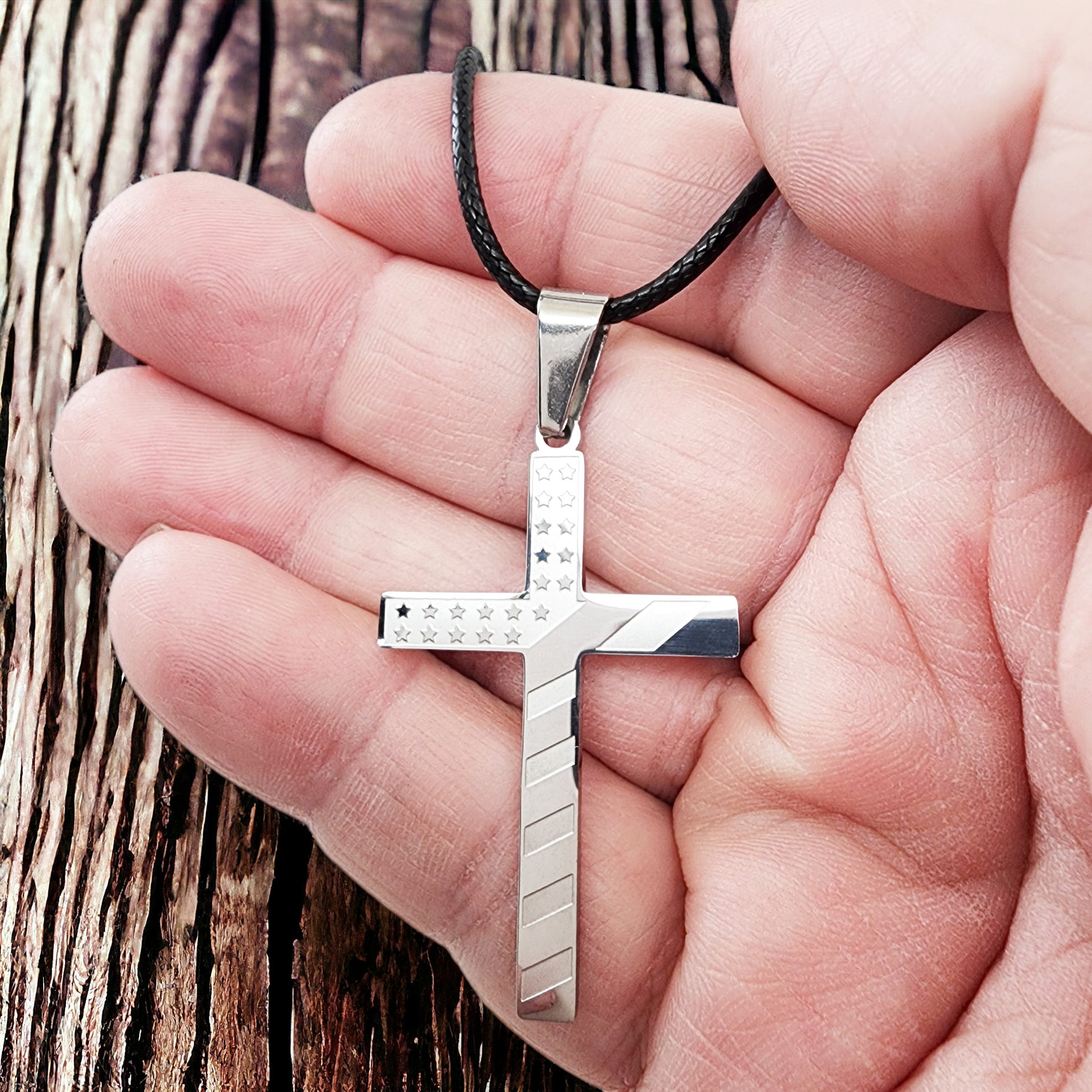 USA Flag Cross Stainless Steel Black Cord Necklace