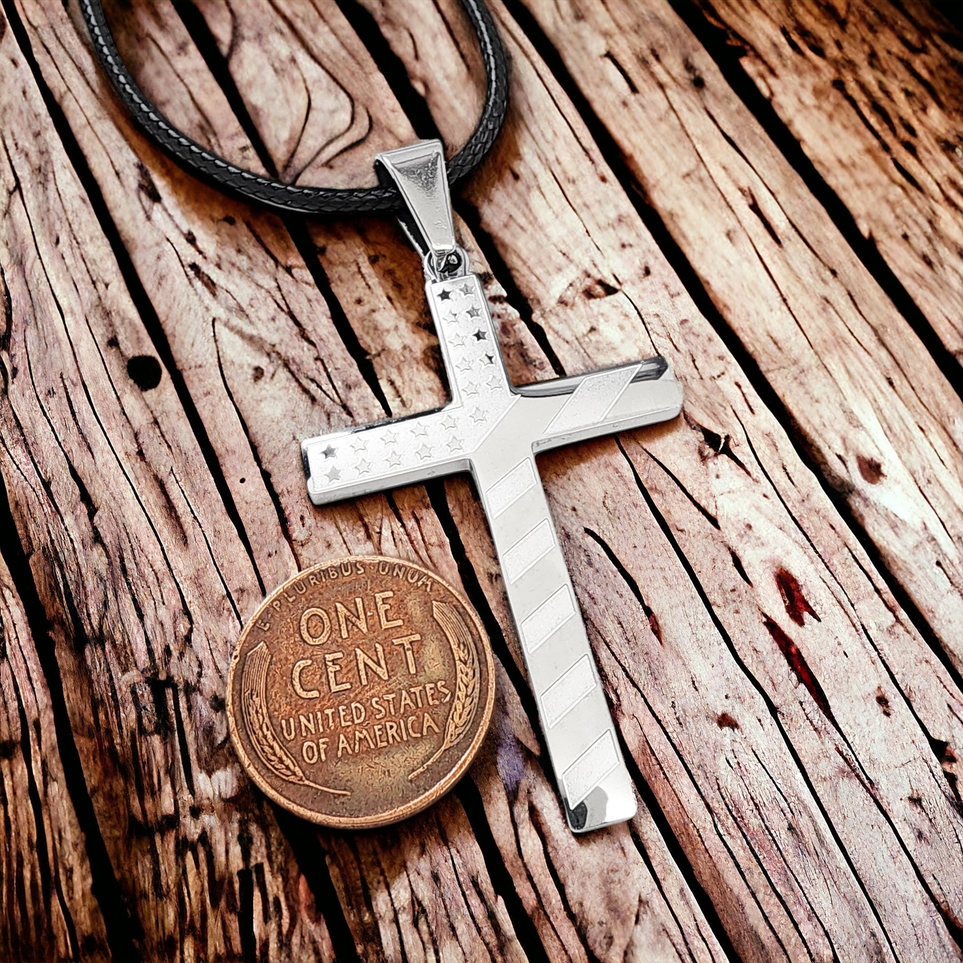 USA Flag Cross Stainless Steel Black Cord Necklace