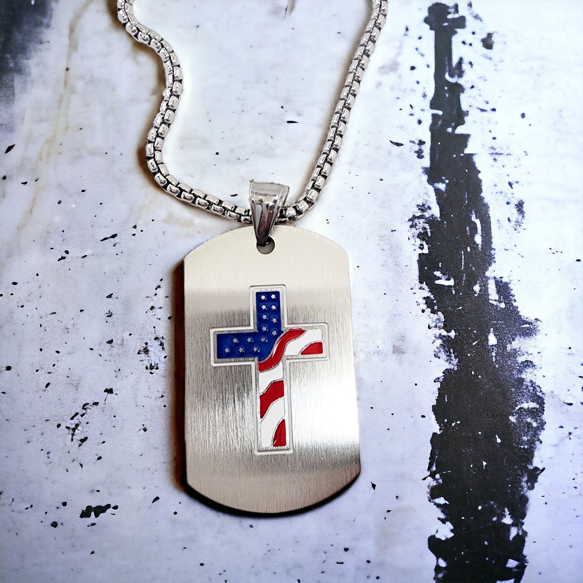 USA Flag Cross Tag Stainless Steel Heavy Chain Necklace