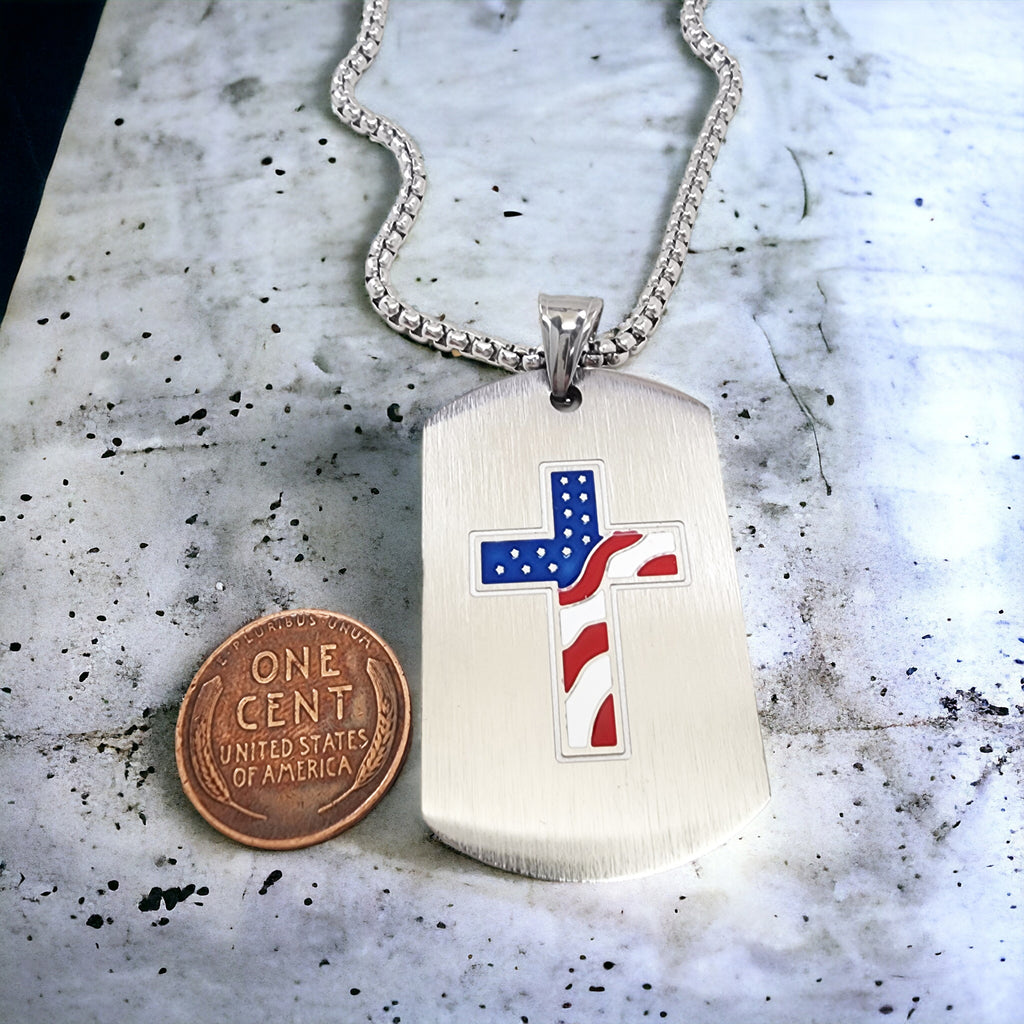 USA Flag Cross Tag Stainless Steel Heavy Chain Necklace