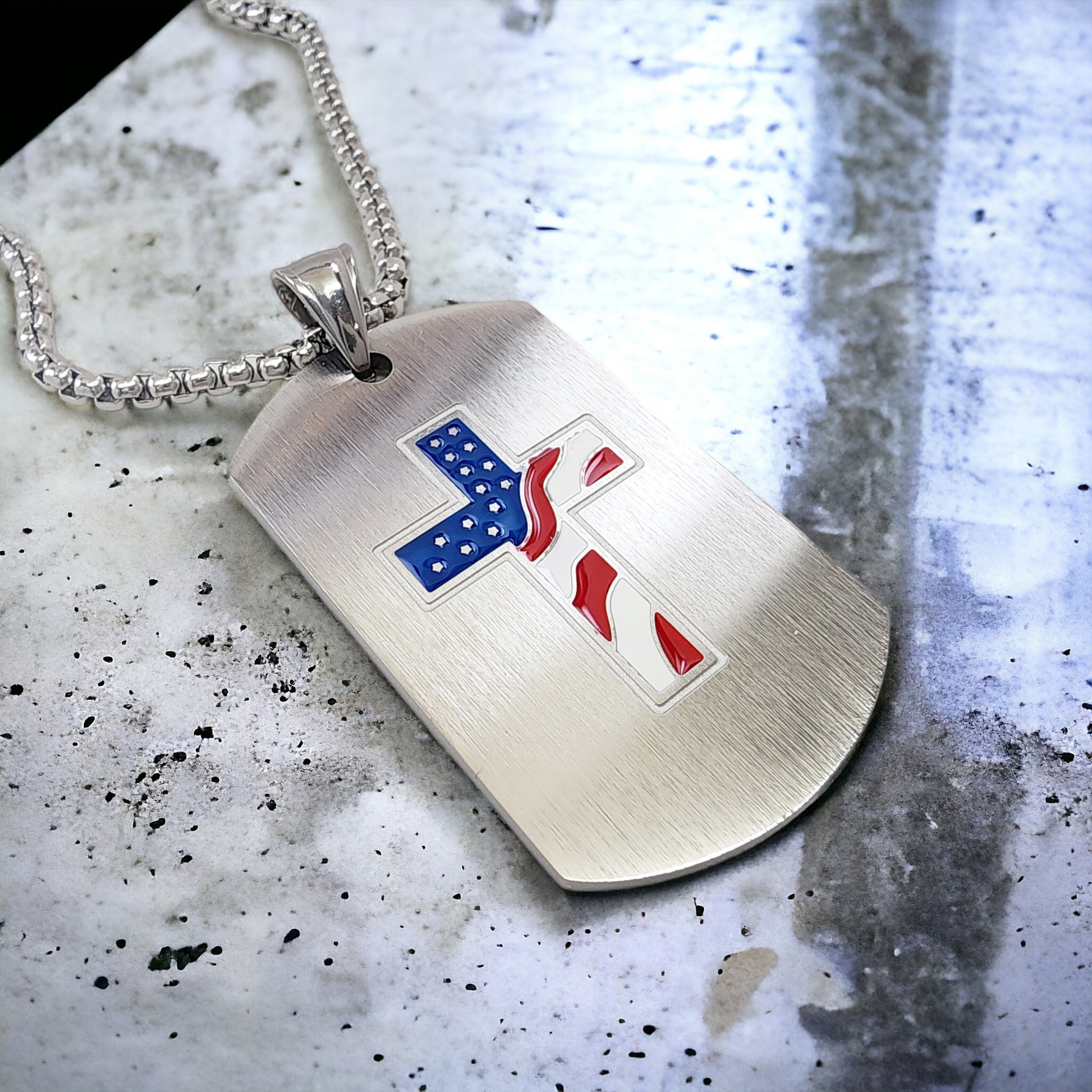 USA Flag Cross Tag Stainless Steel Heavy Chain Necklace