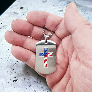 USA Flag Cross Tag Stainless Steel Heavy Chain Necklace