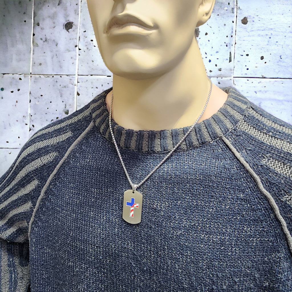 USA Flag Cross Tag Stainless Steel Heavy Chain Necklace