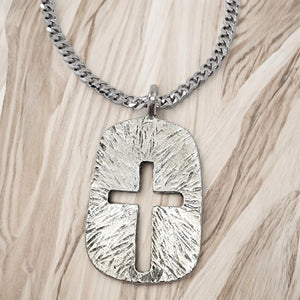 Cross Tag Hammered Texture Double Sided Antique Silver Metal Finish Chain Necklace