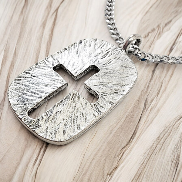 Cross Tag Hammered Texture Double Sided Antique Silver Metal Finish Chain Necklace