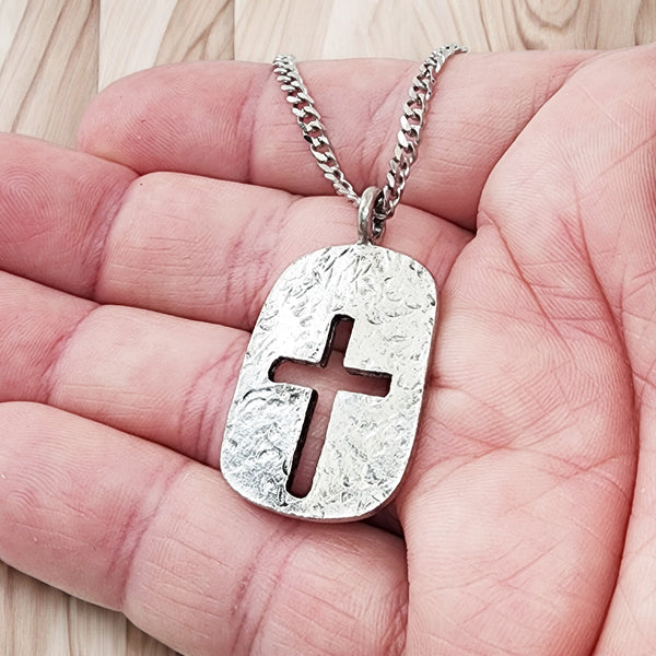 Cross Tag Hammered Texture Double Sided Antique Silver Metal Finish Chain Necklace