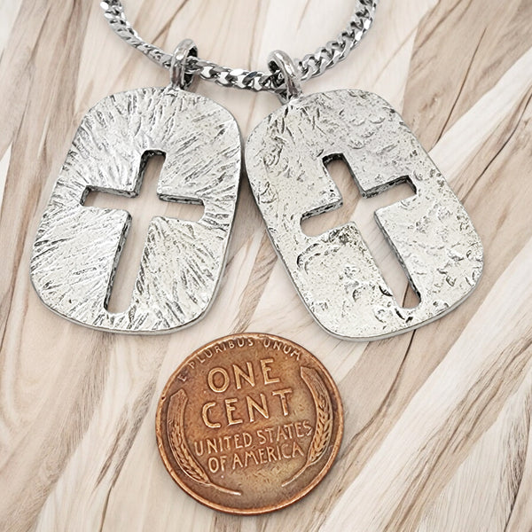 Cross Tag Hammered Texture Double Sided Antique Silver Metal Finish Chain Necklace