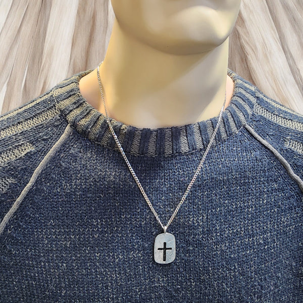 Cross Tag Hammered Texture Double Sided Antique Silver Metal Finish Chain Necklace