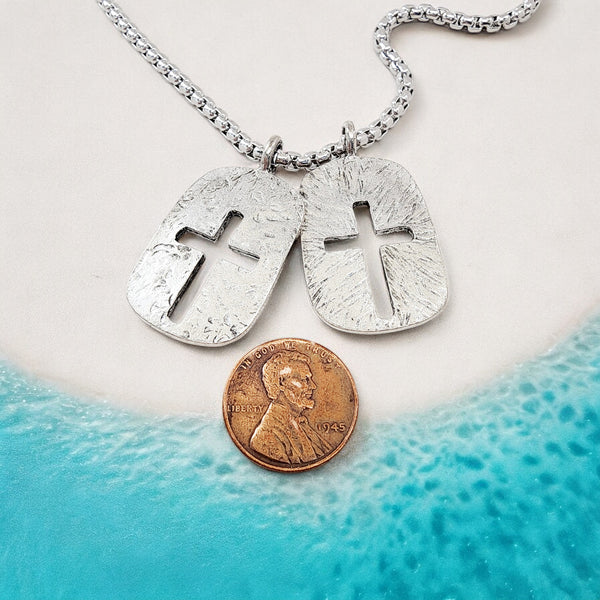 Cross Tag Hammered Texture Double Sided Antique Silver Metal Finish Heavy Chain Necklace