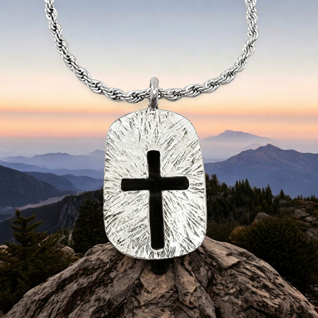 Cross Tag Hammered Texture Double Sided Antique Silver Metal Finish Rope Chain Necklace