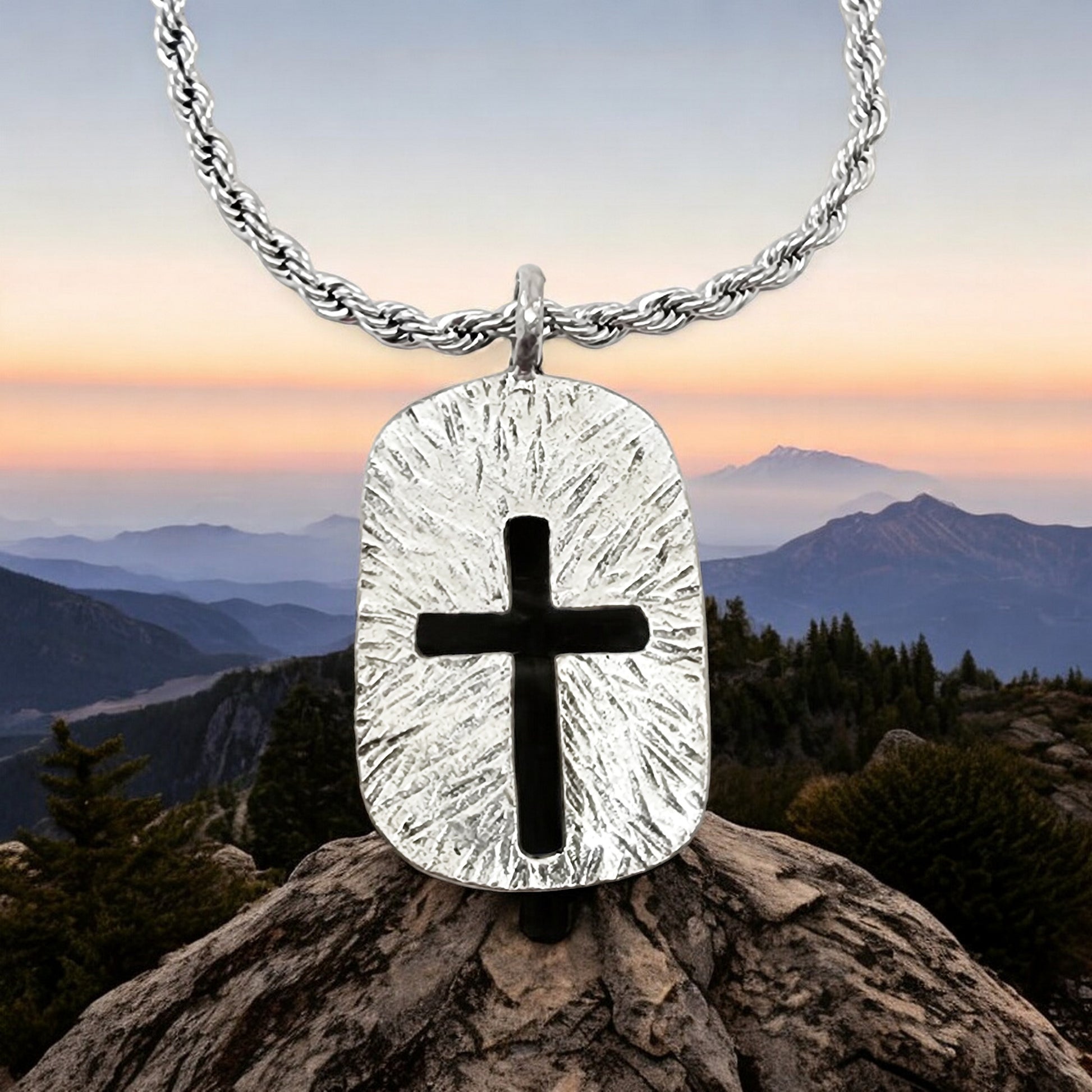Cross Tag Hammered Texture Double Sided Antique Silver Metal Finish Rope Chain Necklace