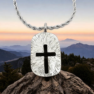 Cross Tag Hammered Texture Double Sided Antique Silver Metal Finish Rope Chain Necklace