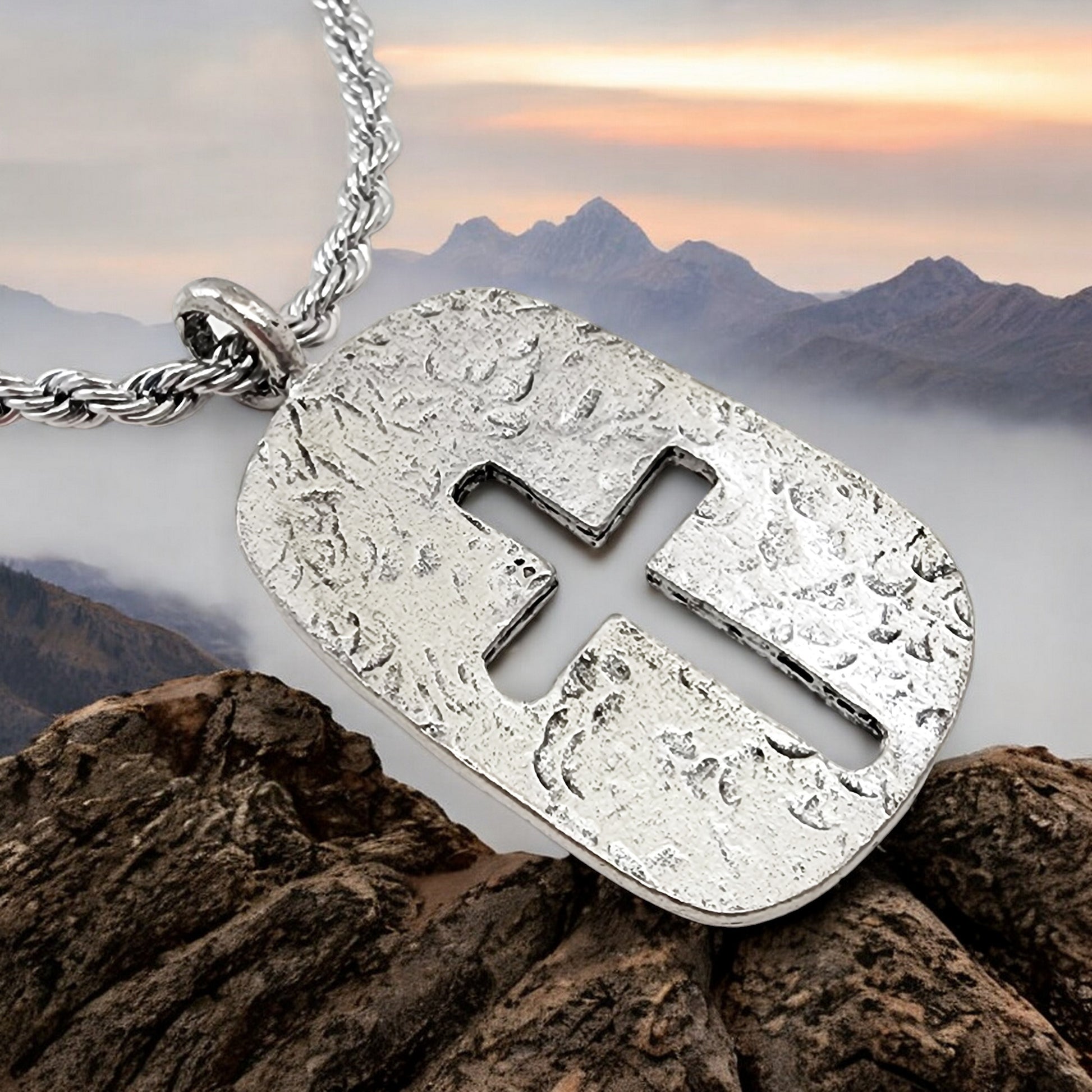 Cross Tag Hammered Texture Double Sided Antique Silver Metal Finish Rope Chain Necklace