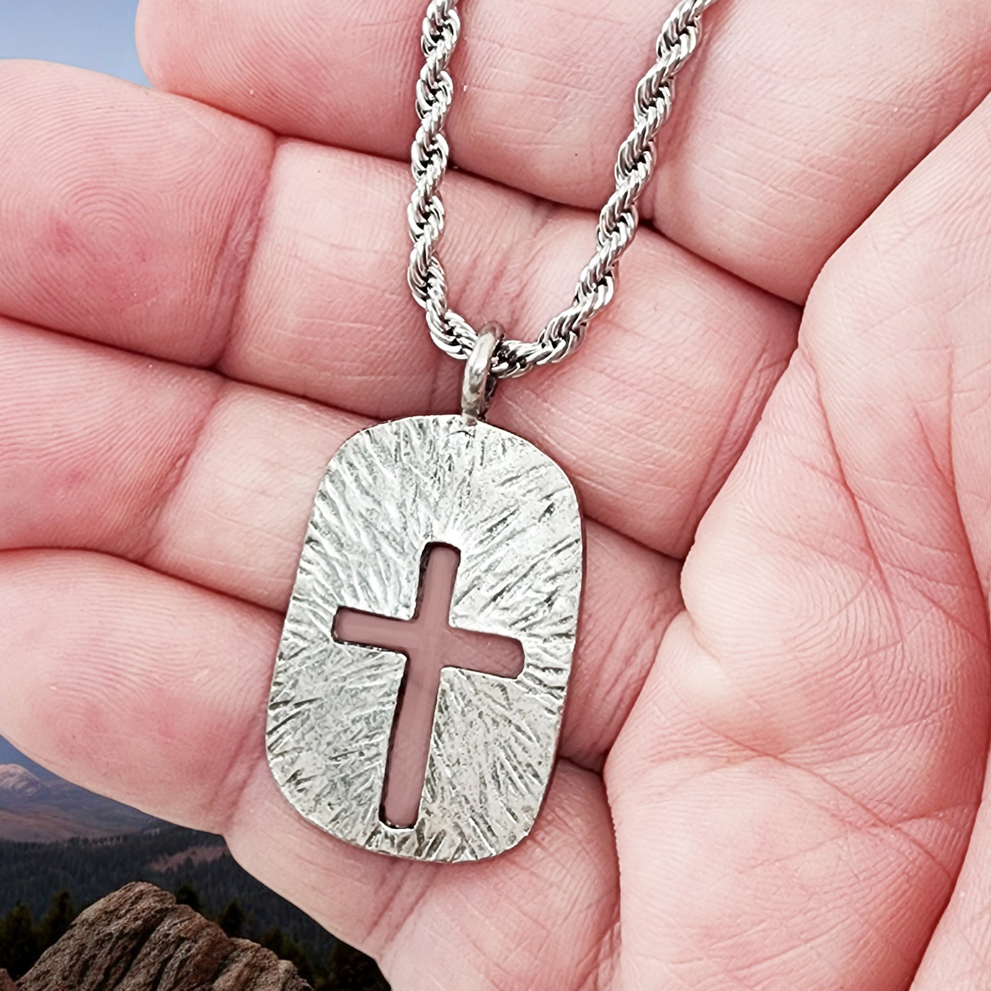 Cross Tag Hammered Texture Double Sided Antique Silver Metal Finish Rope Chain Necklace