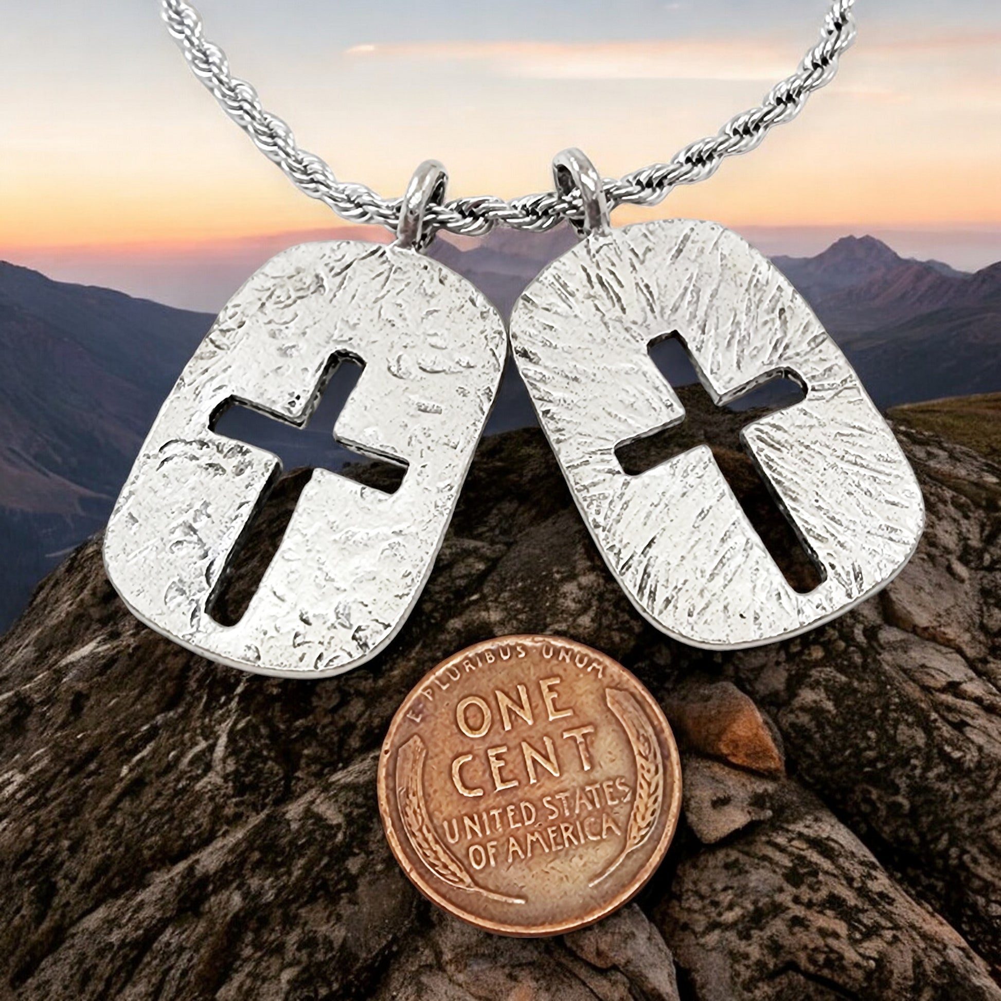 Cross Tag Hammered Texture Double Sided Antique Silver Metal Finish Rope Chain Necklace