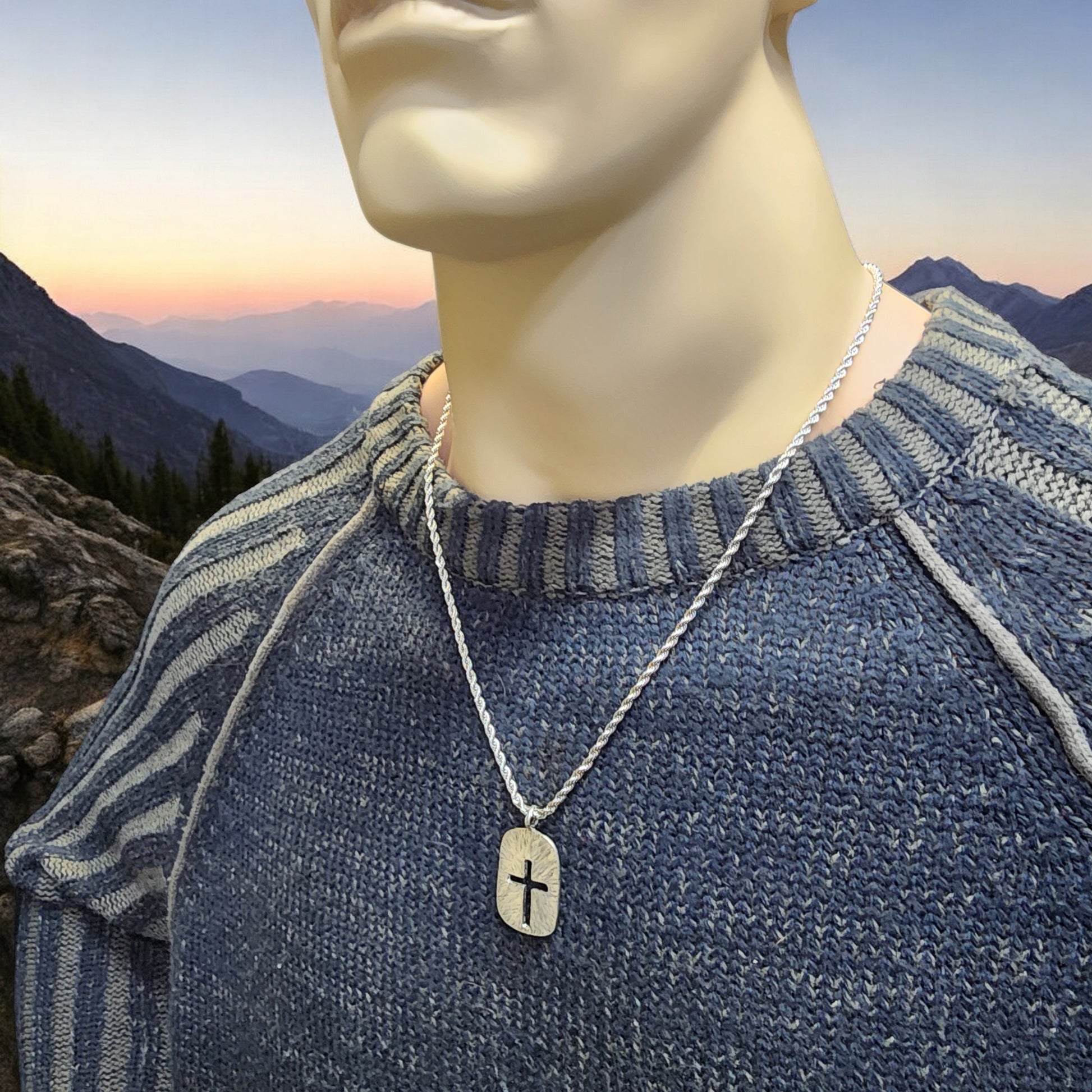 Cross Tag Hammered Texture Double Sided Antique Silver Metal Finish Rope Chain Necklace