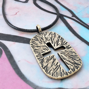 Cross Tag Hammered Antique Brass Metal Finish Black Cord Necklace