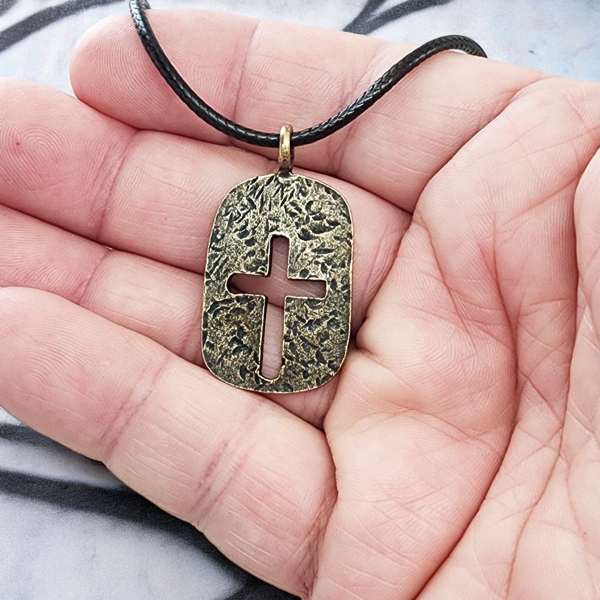 Cross Tag Hammered Antique Brass Metal Finish Black Cord Necklace