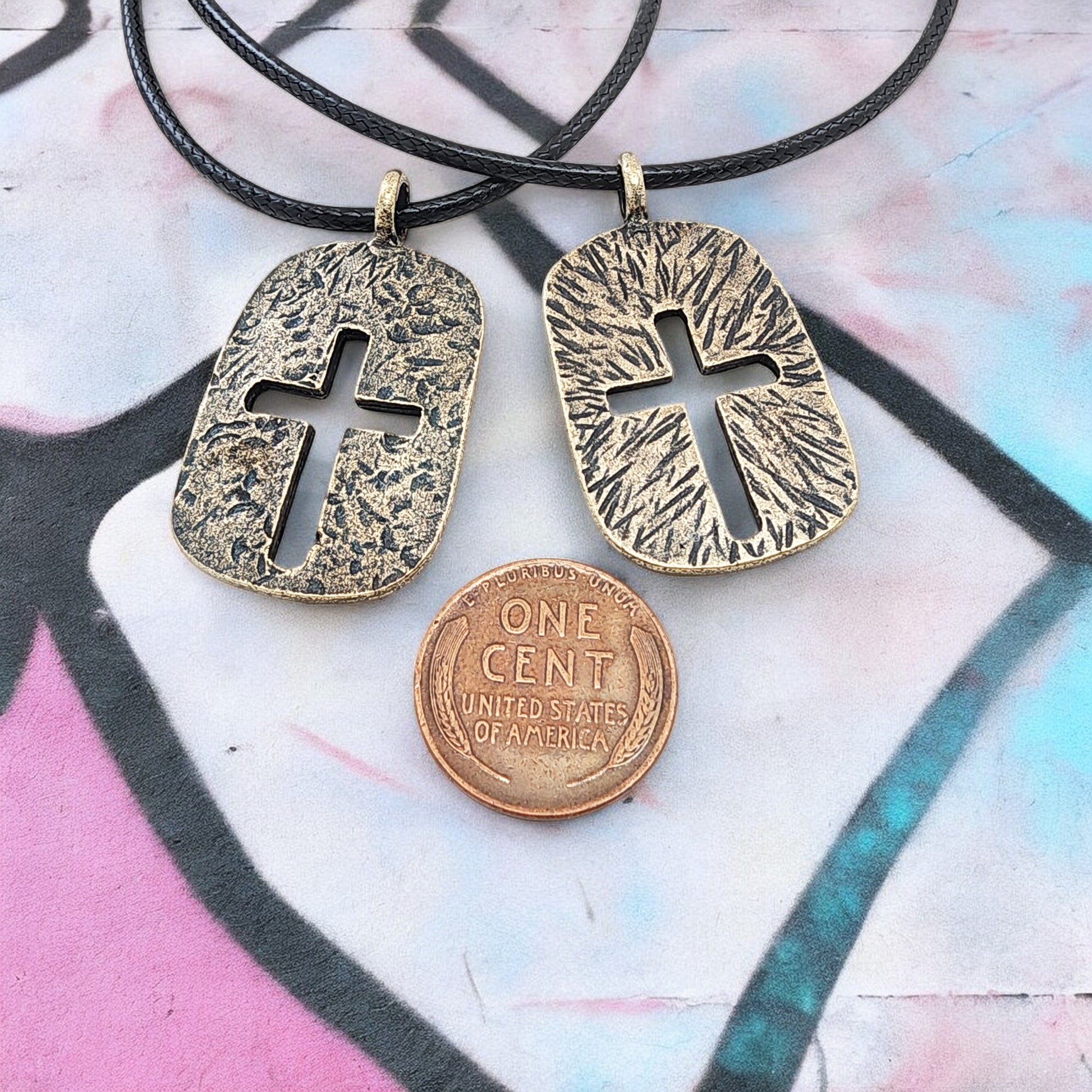 Cross Tag Hammered Antique Brass Metal Finish Black Cord Necklace