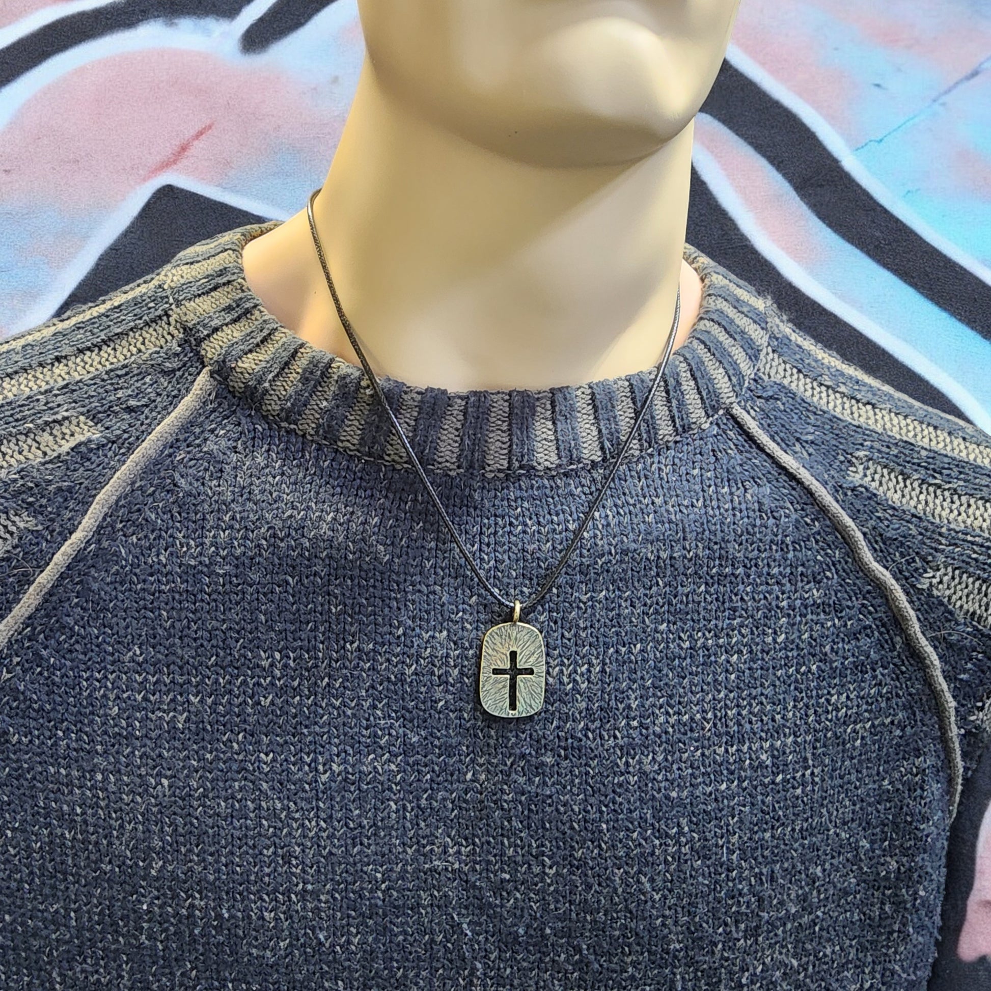 Cross Tag Hammered Antique Brass Metal Finish Black Cord Necklace