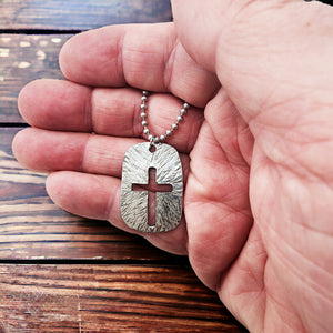 Cross Tag Hammered Finish Antique Silver Necklace