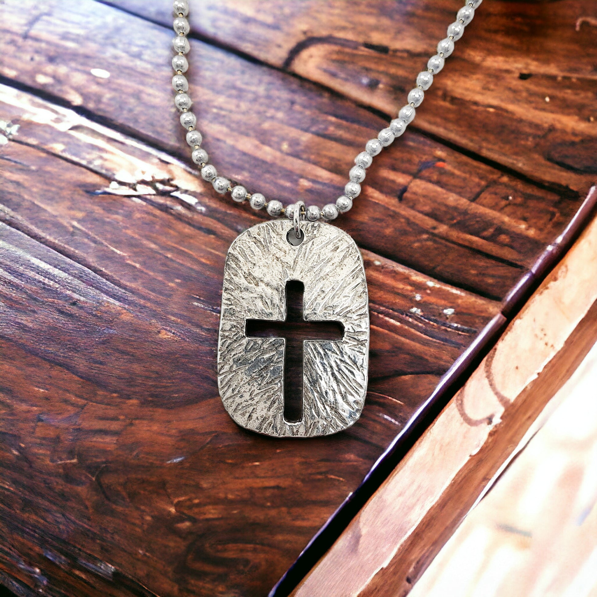 Cross Tag Hammered Finish Antique Silver Necklace