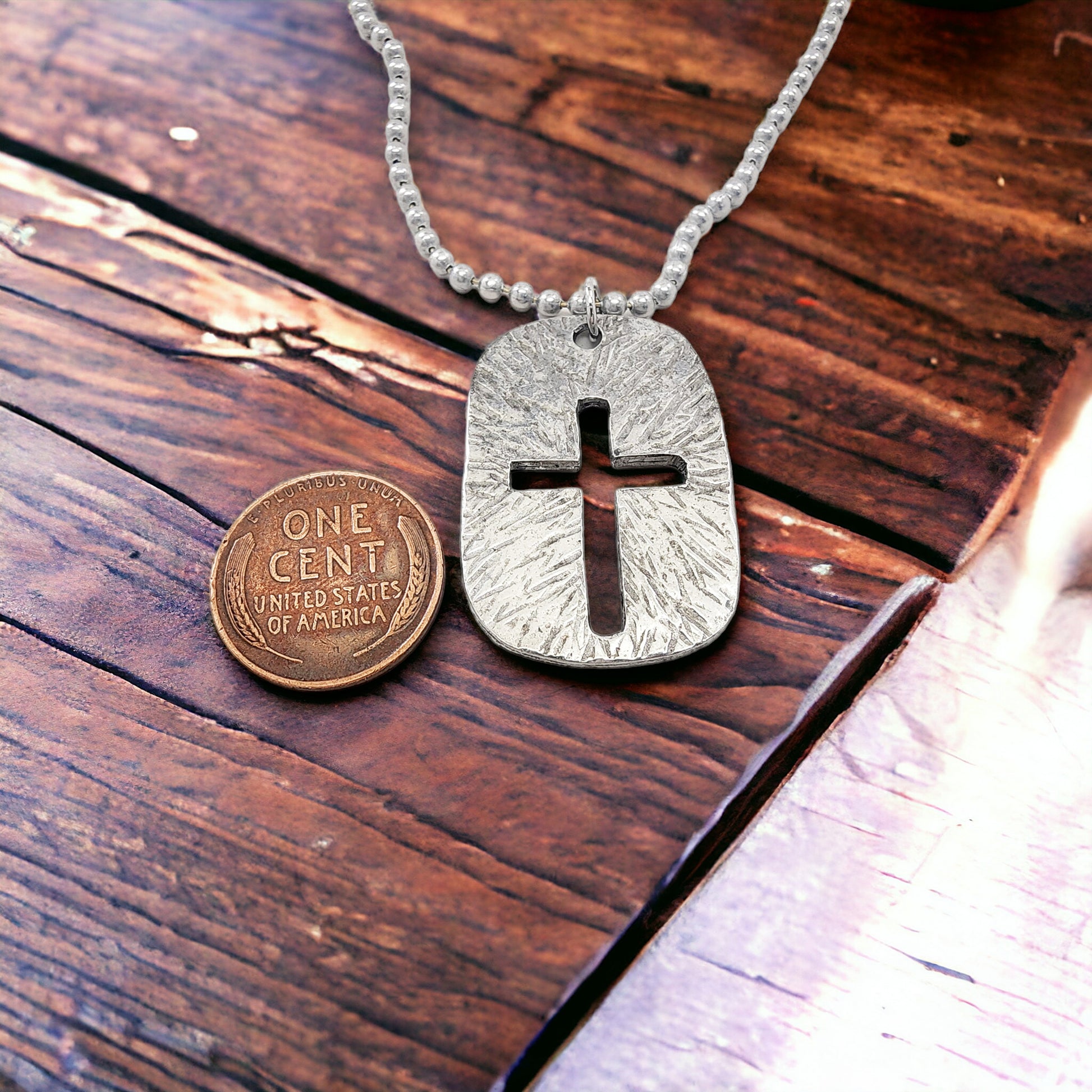 Cross Tag Hammered Finish Antique Silver Necklace