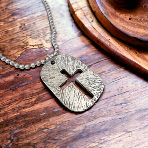 Cross Tag Hammered Finish Antique Silver Necklace