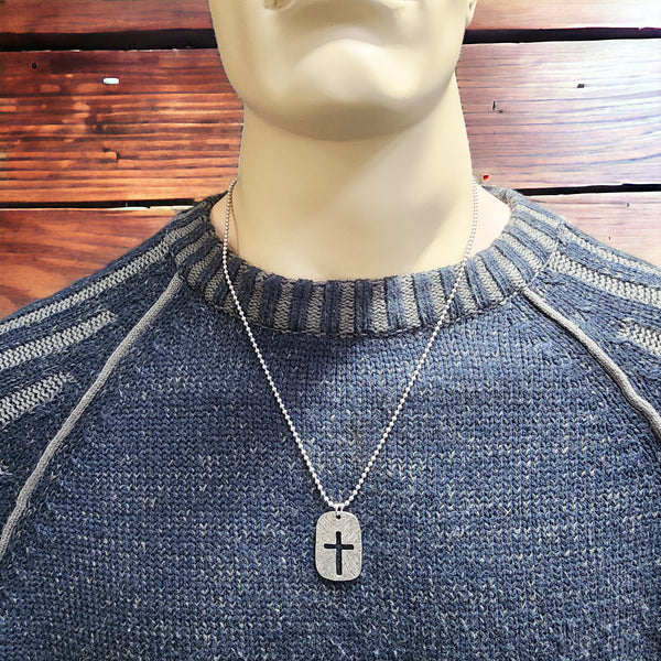 Cross Tag Hammered Finish Antique Silver Necklace