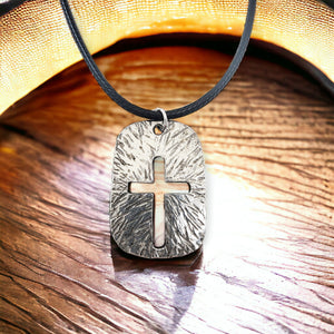 Cross Tag Hammered Finish Antique Silver Black Cord Necklace