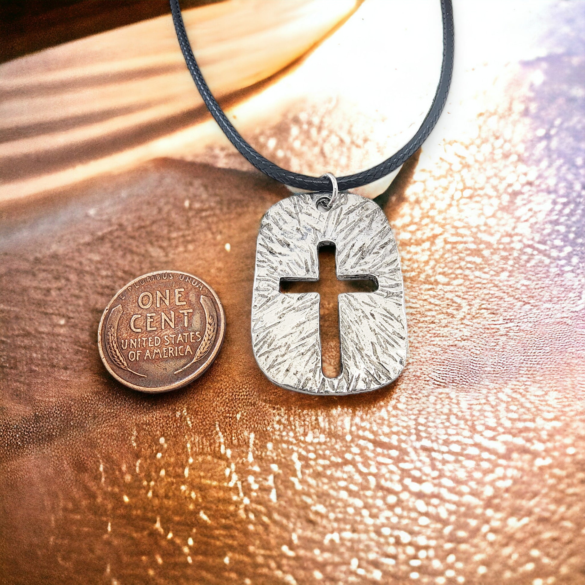 Cross Tag Hammered Finish Antique Silver Black Cord Necklace