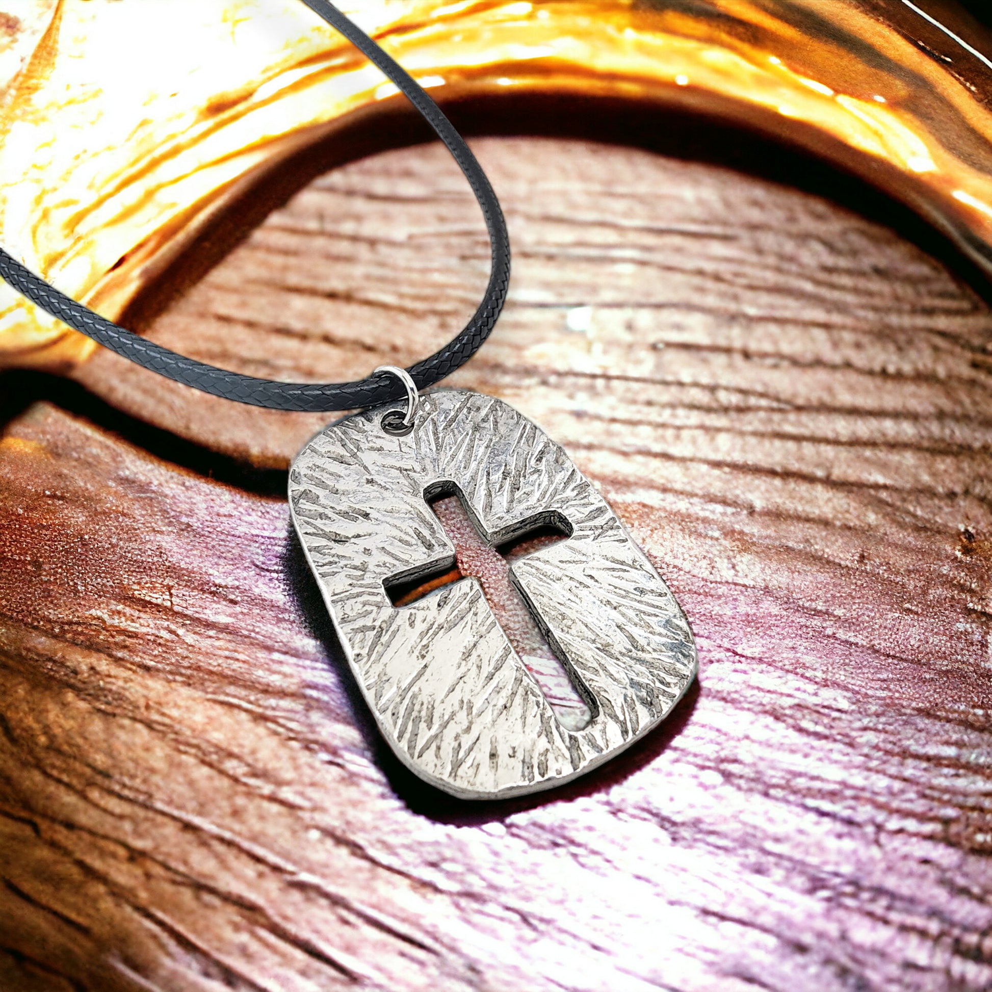 Cross Tag Hammered Finish Antique Silver Black Cord Necklace