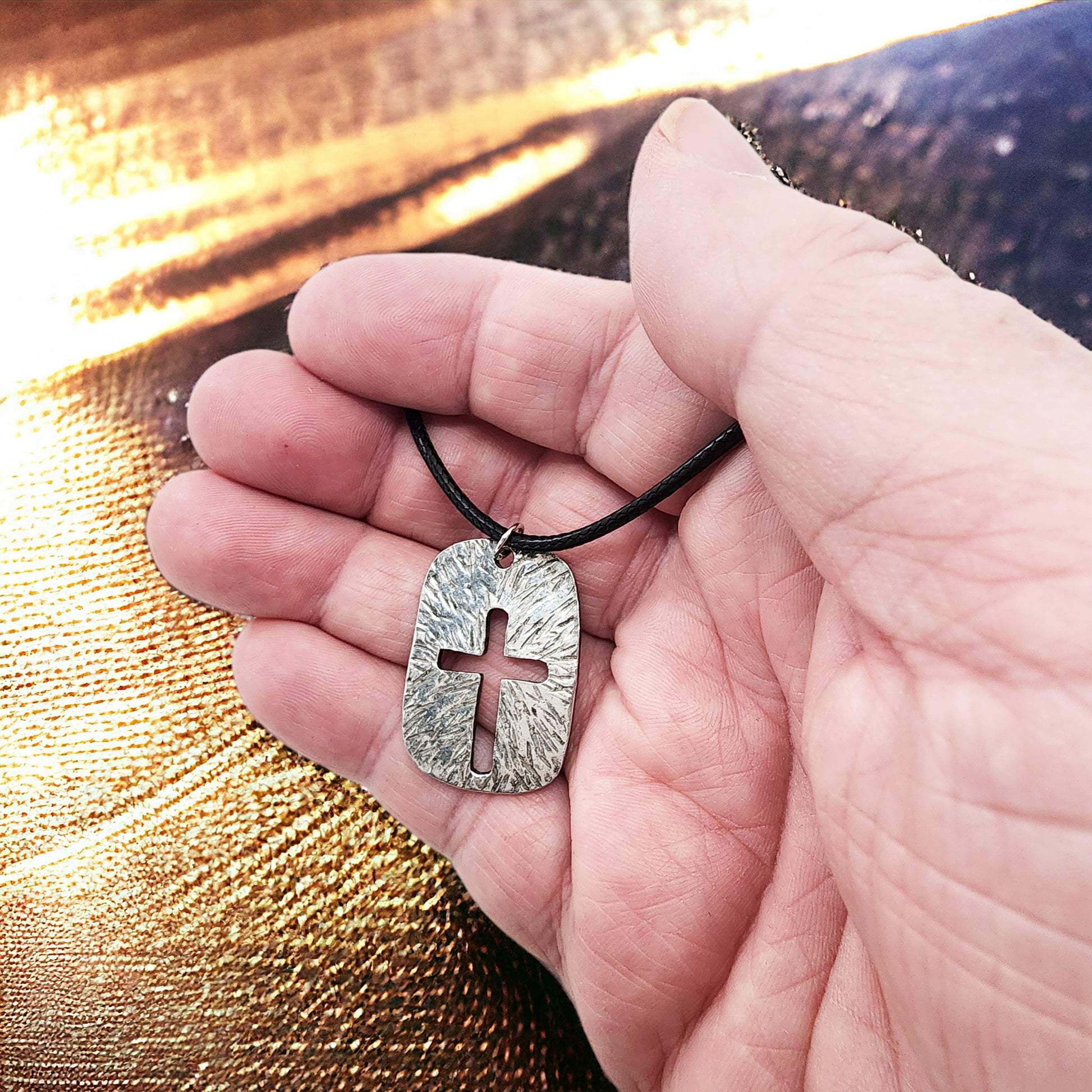 Cross Tag Hammered Finish Antique Silver Black Cord Necklace