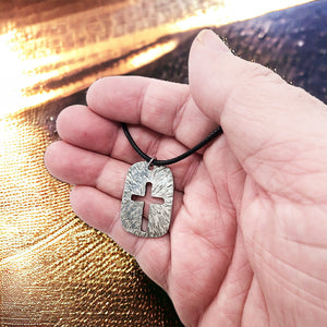 Cross Tag Hammered Finish Antique Silver Black Cord Necklace