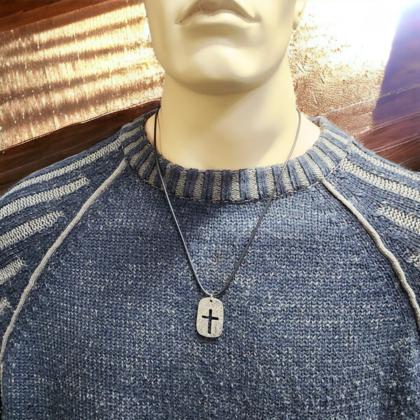 Cross Tag Hammered Finish Antique Silver Black Cord Necklace