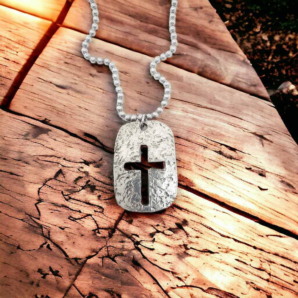 Cross Tag Hammered Antique Silver Metal Finish Ball Chain Necklace