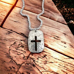 Cross Tag Hammered Antique Silver Metal Finish Ball Chain Necklace