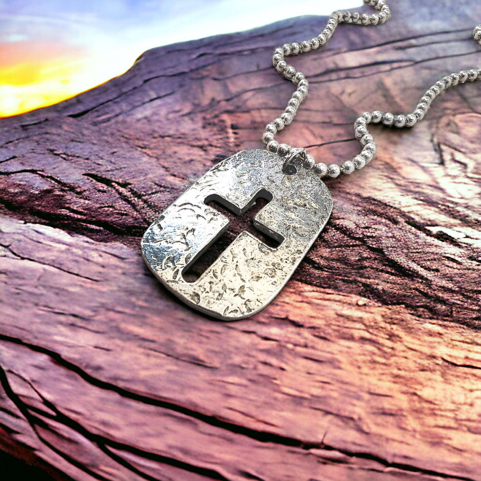 Cross Tag Hammered Antique Silver Metal Finish Ball Chain Necklace