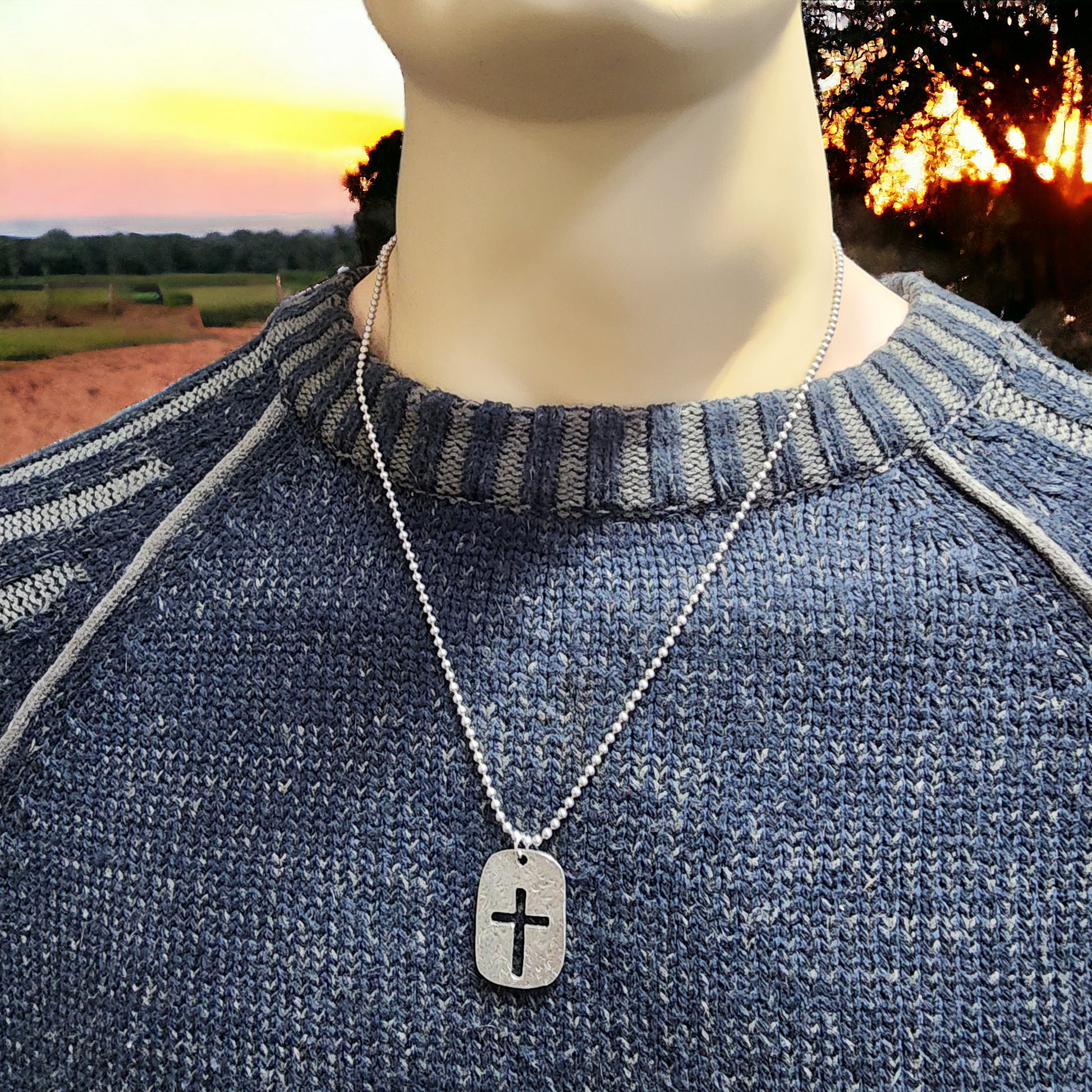 Cross Tag Hammered Antique Silver Metal Finish Ball Chain Necklace
