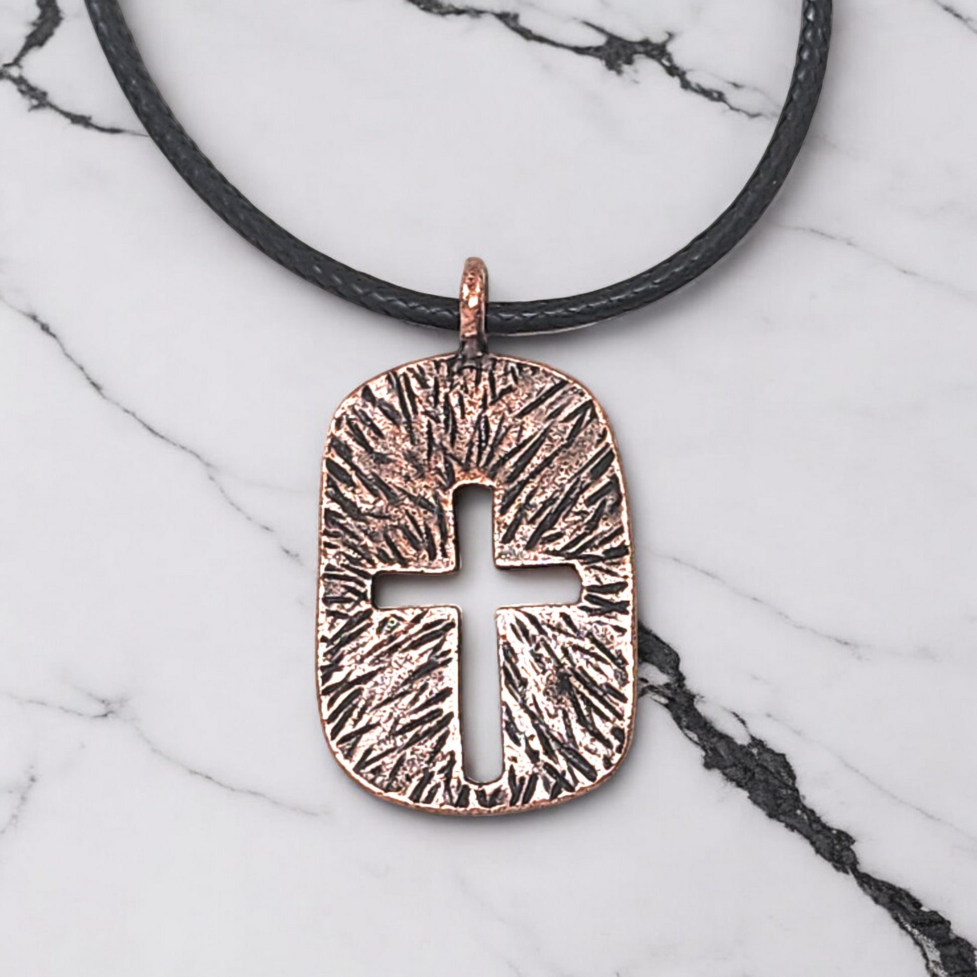 Cross Tag Hammered Antique Copper Metal Finish Black Cord Necklace