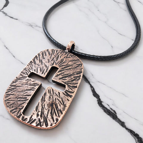 Cross Tag Hammered Antique Copper Metal Finish Black Cord Necklace