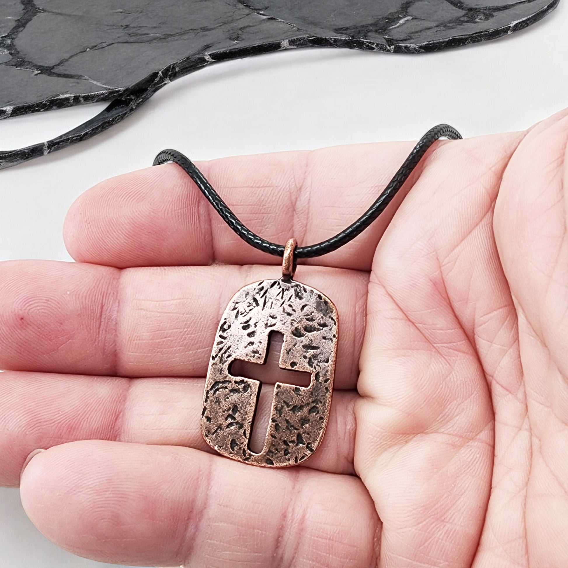 Cross Tag Hammered Antique Copper Metal Finish Black Cord Necklace