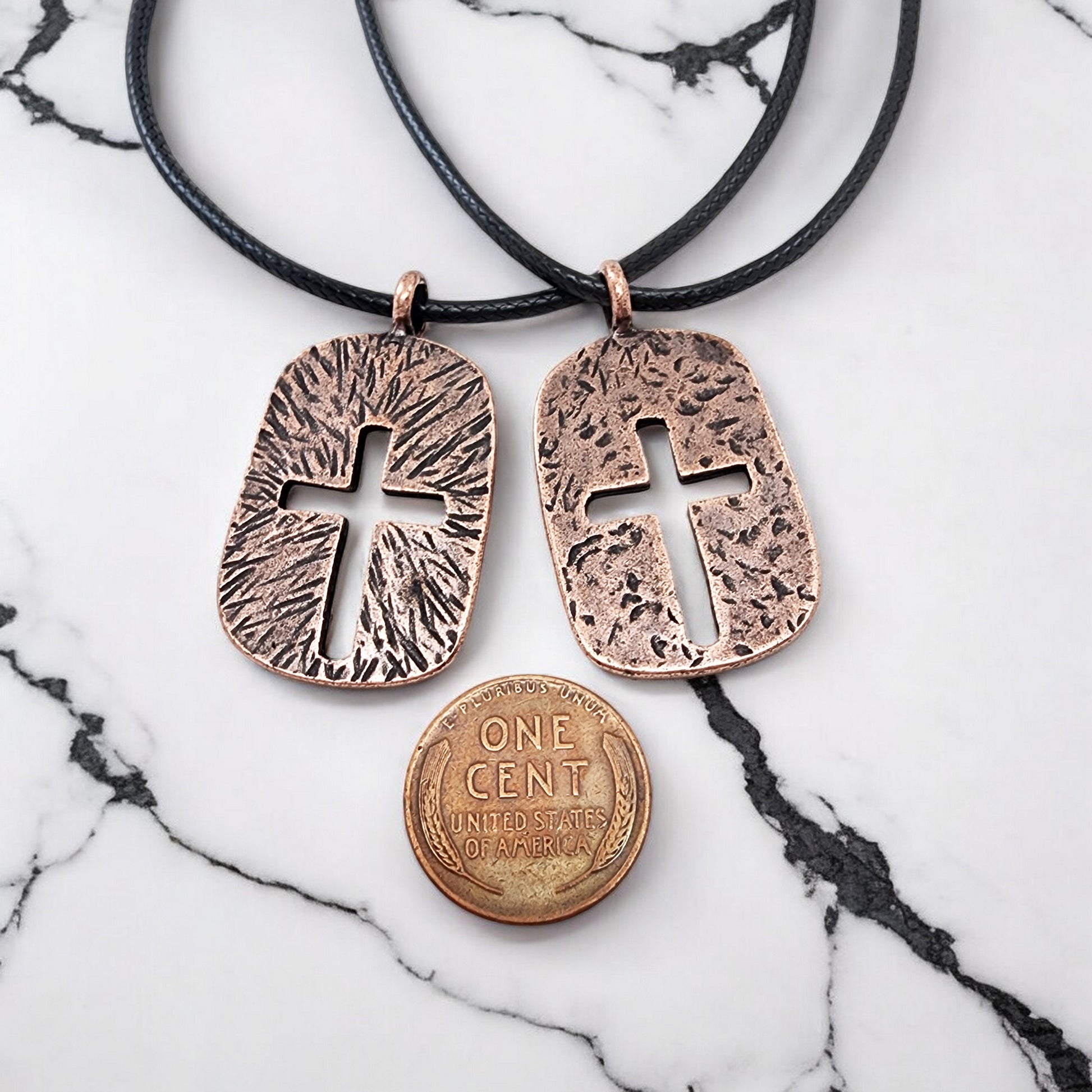 Cross Tag Hammered Antique Copper Metal Finish Black Cord Necklace