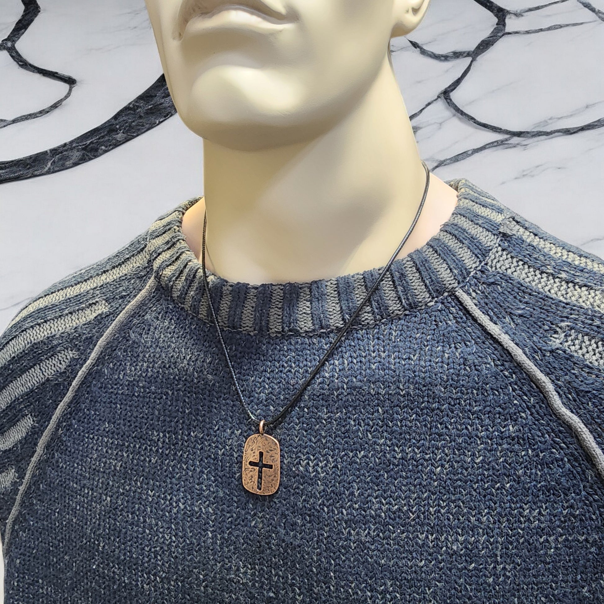 Cross Tag Hammered Antique Copper Metal Finish Black Cord Necklace