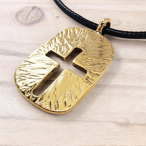 Cross Tag Hammered Gold Metal Finish Black Cord Necklace