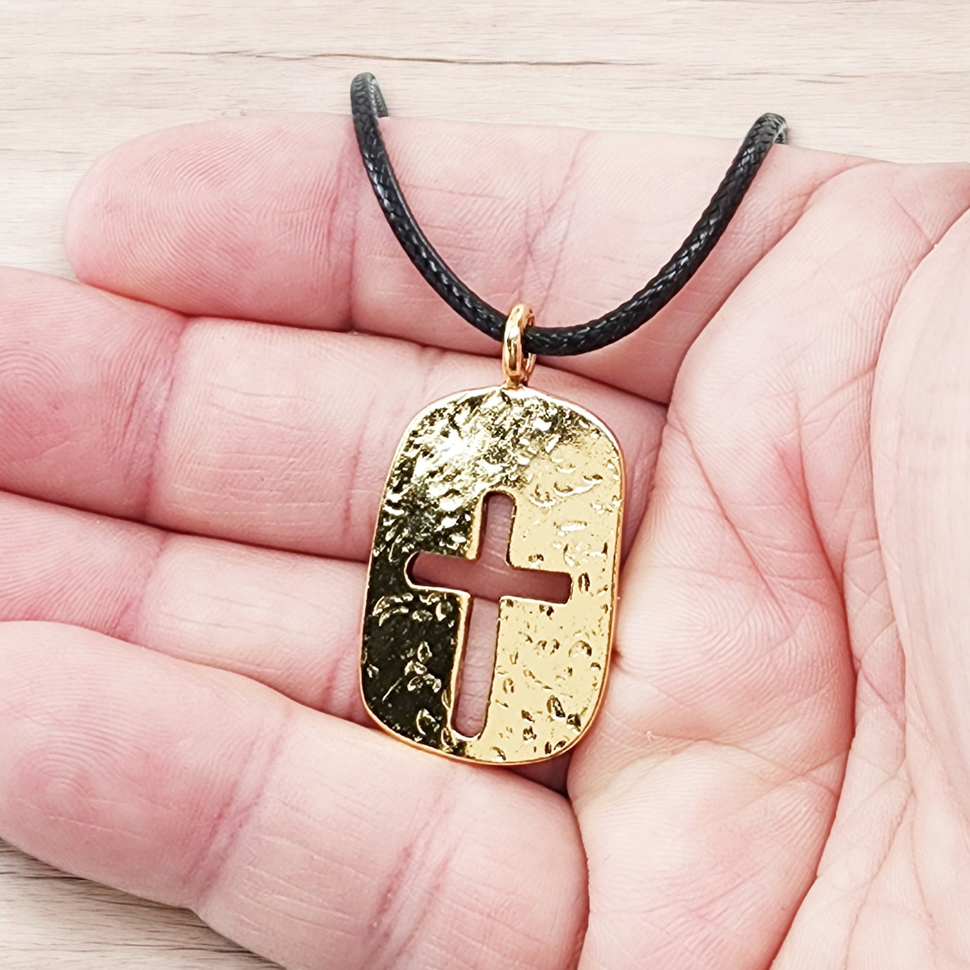 Cross Tag Hammered Gold Metal Finish Black Cord Necklace