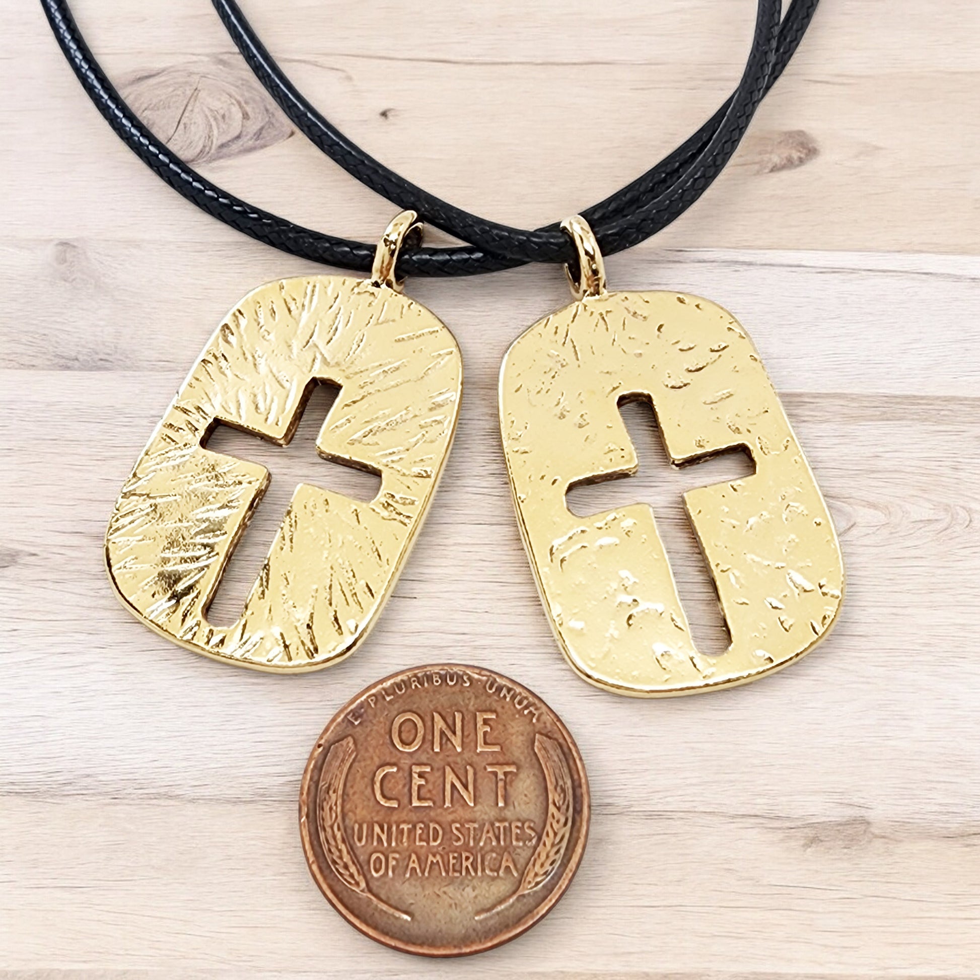 Cross Tag Hammered Gold Metal Finish Black Cord Necklace