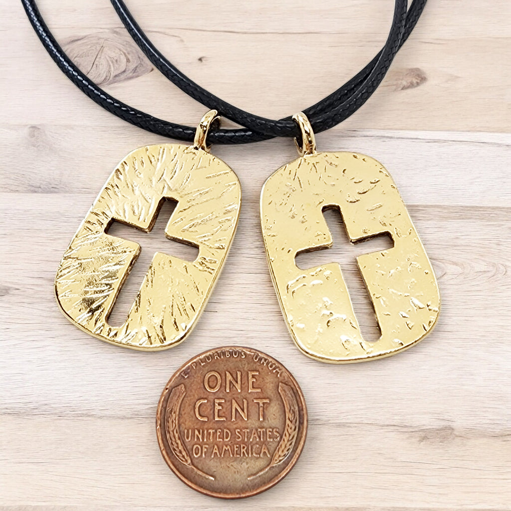 Cross Tag Hammered Gold Metal Finish Black Cord Necklace